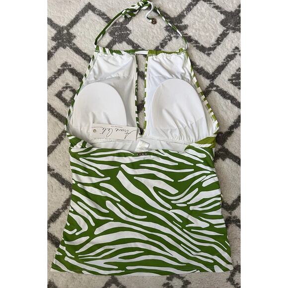 ANNE COLE Green Animal Print Halter Key Hole Tankini Swimsuit Top Sz L NWT - Picture 7 of 9